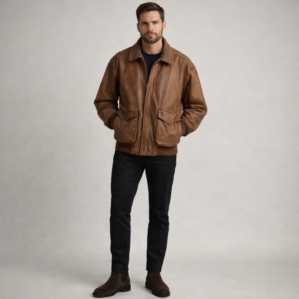 Vintage Retro COOPER distressed brown leather Bomber full zip jacket L military